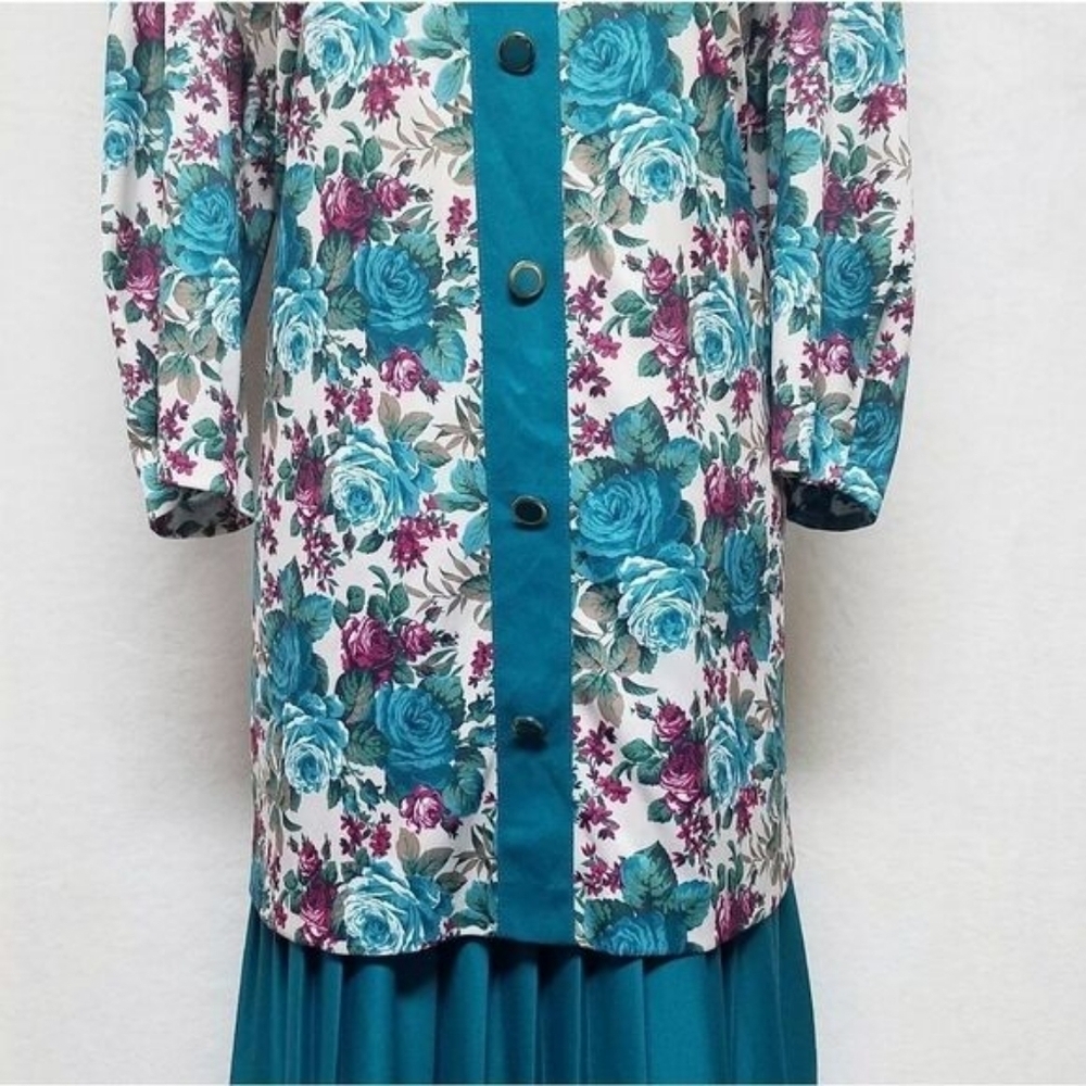 80s Vintage Classic Apparel Teal Cabbage Rose Pleated Quarter Sleeve Midi Dress - Picture 5 of 15
